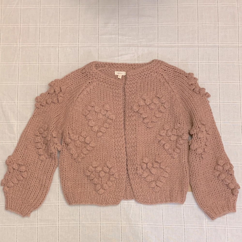 New Chunky Dusty Rose Pom Pom Heart Crochet Knit Open Cardigan